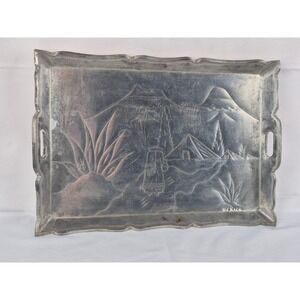 Vintage Mexico Aluminum Serving Tray Etched Mountain Cabin Lodge Rustic